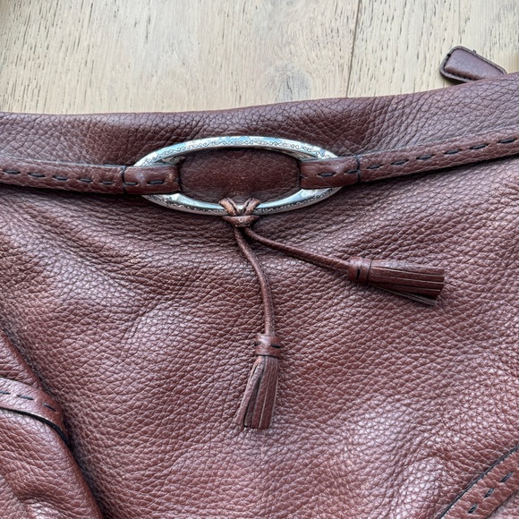 Brighton Shoulder Bag Top Stitching Silver Buckle Tassel Brown Pebbled Leather - Picture 4 of 8